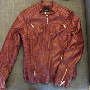 Faux leather maroon bomber jacket